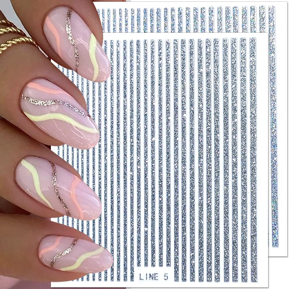 3D Glitter Lines Nail Stickers Holographic Nail Art Stickers Metal Stripe Nail Decals Self Adhesive Geometric Strip Line Nails Stickers Women DIY Nail Supplies,6 Colors/Set-Velvo Beauty