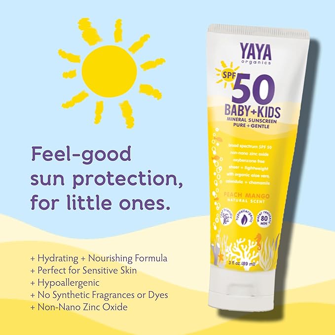 YAYA ORGANICS Baby + Kids Mineral Sunscreen Lotion, SPF 50, Reef-Friendly, Non-Nano Zinc Oxide, Water-Resistant, Hypoallergenic, Pure + Gentle for delicate skin, 3 oz-Velvo Beauty