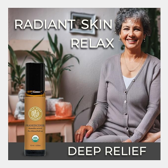Silk Road Organic Frankincense Carterii Essential Oil Roll On, 100% Pure USDA Certified Aromatherapy for Radiant Skin, Body Aches, Stress Relief, & Calm - 10 ml Roller-Velvo Beauty