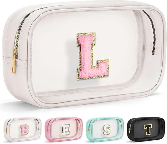 YOOLIFE Initial Makeup Bag Travel Toiletry Bag Clear Makeup Bag Preppy Cosmetic Bag Gifts for Girls Kids Graduation Gifts Birthday Gifts for Girls Kids Birthday Gifts Swim Gifts White L-Velvo Beauty