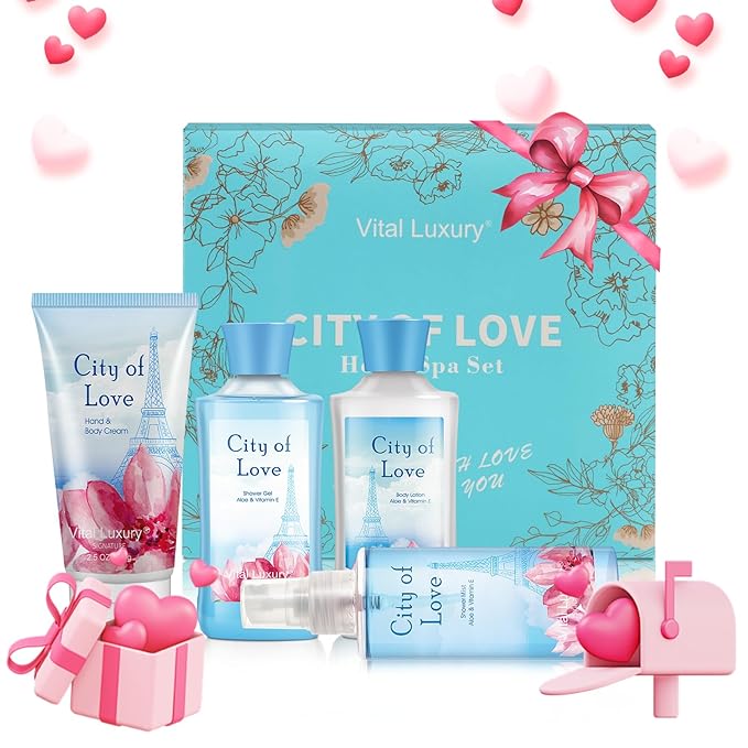 Bath & Body Kit, 3 Fl Oz, Ideal Skincare Gift Home Spa Set, Includes Body Lotion, Shower Gel, Body Cream, and Fragrance Mist, Birthday Mother's Valentine's Day Gifts(City of Love)-Velvo Beauty