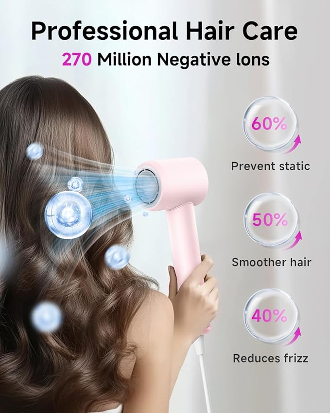 Hair Dryer with Comb & Diffuser Attachment for Curly Hair, PLUZZ 200M Negative Ionic Blow Dryer Brush, High-Speed Brushless Motor Hairdryer Fast, Portable Travel Hair Dryers Quiet, Women/Men/Kids-Velvo Beauty