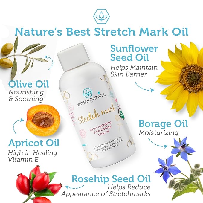 Era Organics Organic Stretch Mark Oil for Pregnancy - Extra Moisturizing Belly Oil for Pregnancy - Pregnancy Oil to Prevent Stretch Marks - Pregnancy Must Haves-Velvo Beauty