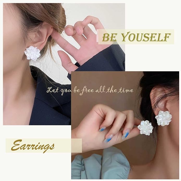 Unique Large White Flower Earrings Studs Vintage Acrylic Floral Petal Earrings Statement French Camellia Flower Earrings Studs Bridal Wedding Prom Earrings Jewelry for Women-Velvo Beauty