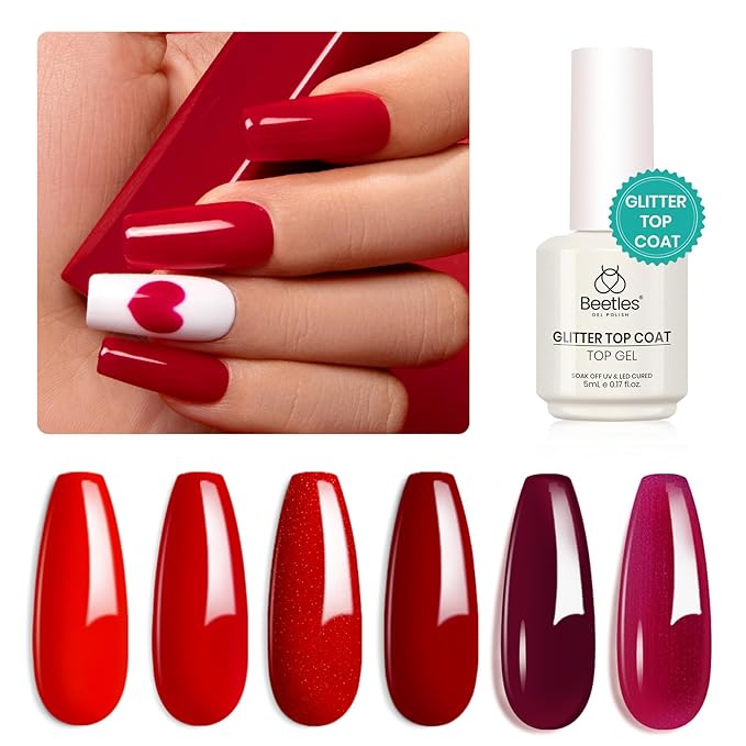 Beetles Red Gel Nail Polish Set with Top Coat, 6 Colors Popular Shimmer Red Burgundy Gel Polish Kit Nail Art Design Soak Off Uv LED Minicure DIY Home Gifts for Women-Velvo Beauty