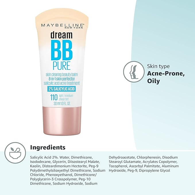 Maybelline Dream Pure Skin Clearing BB Cream, 8-in-1 Skin Perfecting Beauty Balm With 2% Salicylic Acid, Sheer Tint Coverage, Oil-Free, Light/Medium, 1 Count-Velvo Beauty
