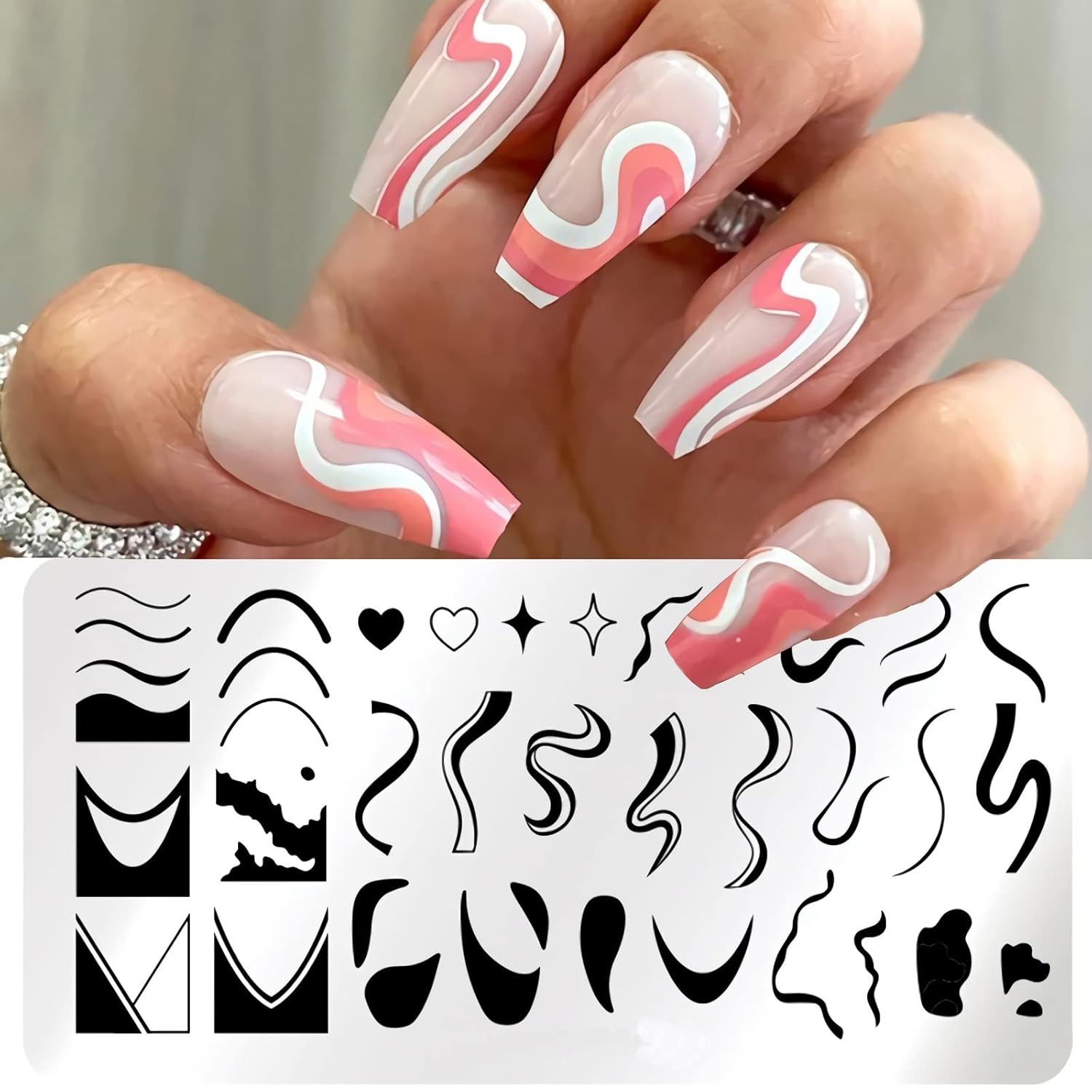 1 Pcs French Nail Stamping Plates Wavy Striped Tip Nail Stamp Template Heart Nail Design Stencil-Velvo Beauty