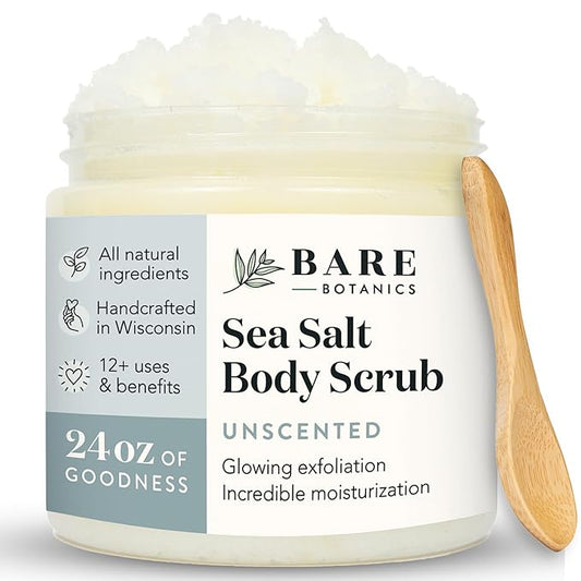 Bare Botanics Unscented Body Scrub 24 oz - Naturally Scented Sea Salt Scrub Made in Madison, WI - Formulated w/Skin Loving Moisturizers - Vegan, Cruelty Free Exfoliator w/a Cute Wooden Spoon-Velvo Beauty