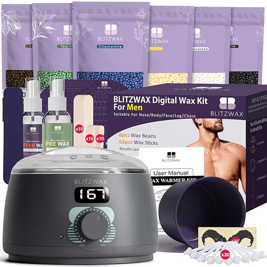 BLITZWAX Back and Nose Waxing Kit for Men, Hard Wax Warmer for Brazilian, Body and Face, At Home Hair Removal Kit, Beginner Friendly, Quick Heating, 93 Accessories, Charcoal Grey-Velvo Beauty