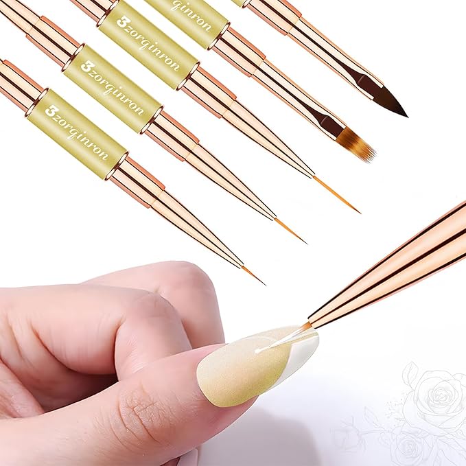 Nail Art Brushes for Nail Art, Professional 5Pcs Double-Ended Acrylic Nail Brush Set for Details, Long Lines, Ombre & 3D Design-Perfect for DIY Manicures & Salons (Gold)-Velvo Beauty