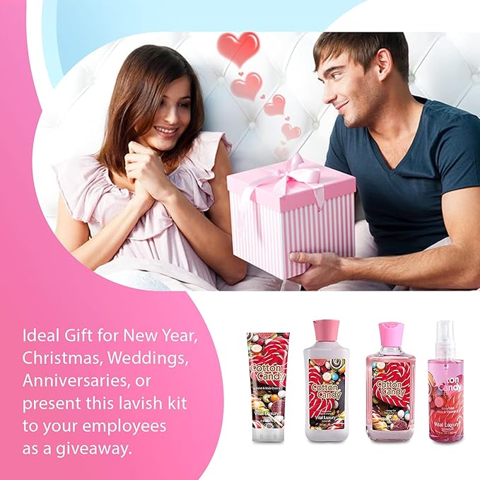 Cotton Candy Bath & Body Kit, 3 Fl Oz, Ideal Skincare Gift Home Spa Set, Includes Body Lotion, Shower Gel, Body Cream, and Fragrance Mist, Birthday Mother's Day Gifts-Velvo Beauty