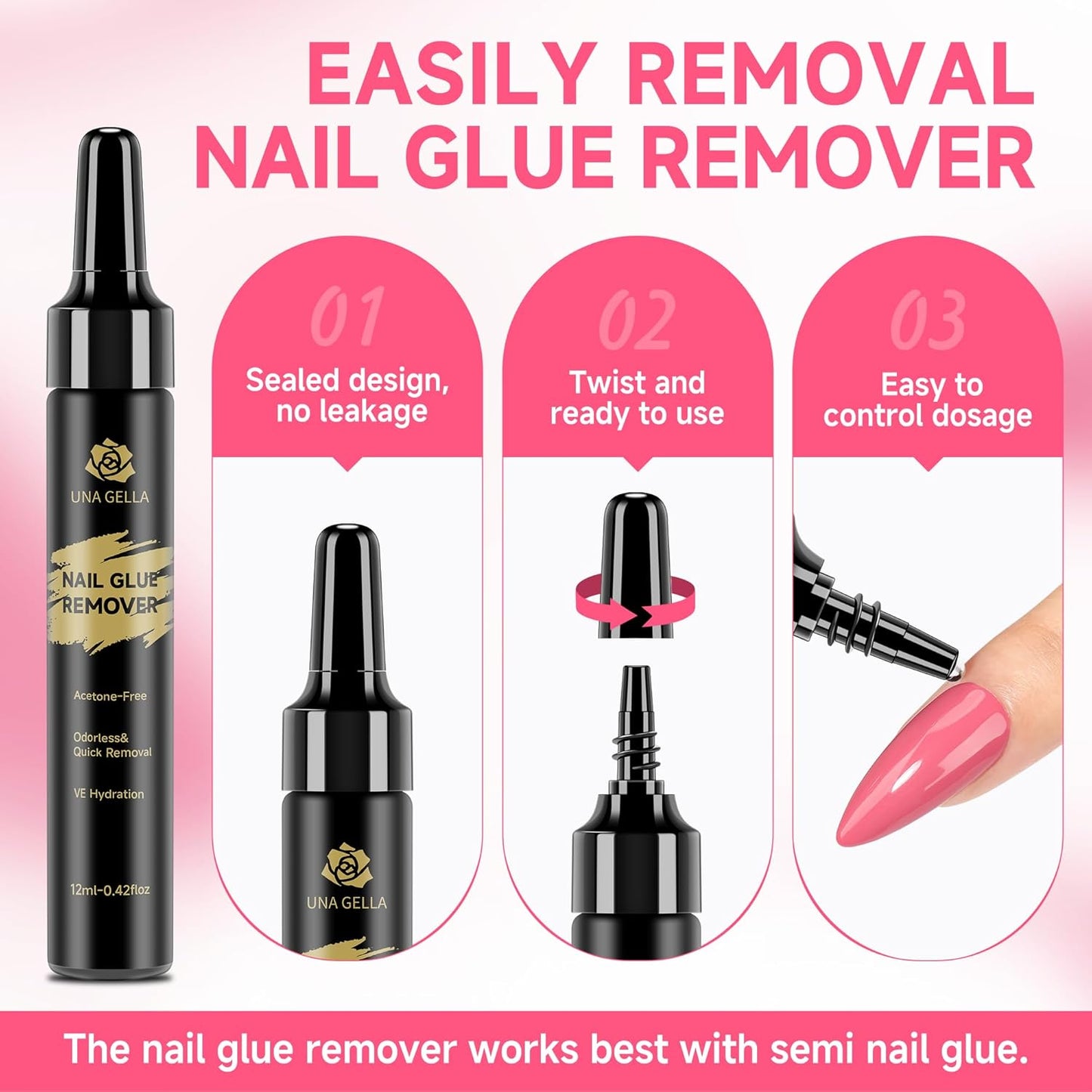 UNA GELLA Quick Removal Gel Nail Glue Remover for Press On Nails: Acrylic Nails Semi Solid Nail Glue Acetone-Free, Not for Gel Polish Base Coat Soak Off Remover Kit Drip Use, 12ml*2pcs-Velvo Beauty