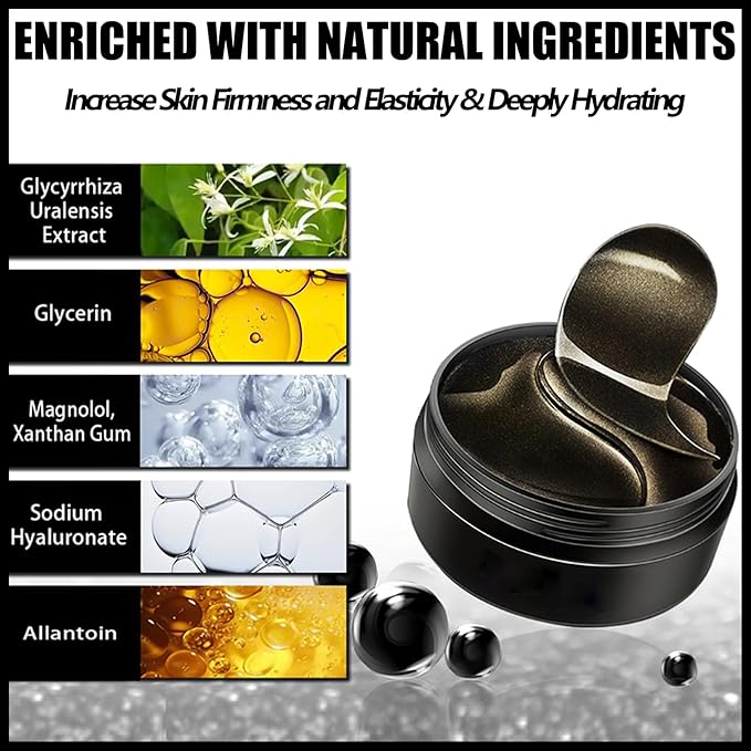 60 Pcs Under Eye Patches, 24K Gold Eye Masks, Collagen Anti Aging Eye Gel Pads, Moisturizing Eye Treatment for Puffy Eyes, Dark Circles, Wrinkles, Fine Lines, BLACK PEARL-Velvo Beauty