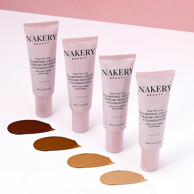 Nakery Skip the Line Full Coverage Foundation for Women - Plumping Velvet Womens Foundation Makeup Matte Finish - Age Defying Foundation - Moisturizing Foundation with Smart Color Adapt - Medium Deep-Velvo Beauty