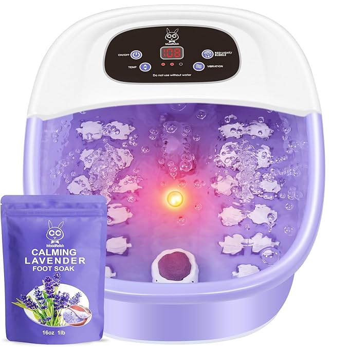 Foot Spa Bath Massager with Heat Bubbles and Vibration Massage and Jets, 16 OZ Calming Lavender Foot Soak Epsom Salt, MoodRelish Foot Soaker With Red Light, 22 Massage Rollers, Adjustable Temp -Purple-Velvo Beauty