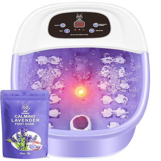 Foot Spa Bath Massager with Heat Bubbles and Vibration Massage and Jets, 16 OZ Calming Lavender Foot Soak Epsom Salt, MoodRelish Foot Soaker With Red Light, 22 Massage Rollers, Adjustable Temp -Purple-Velvo Beauty