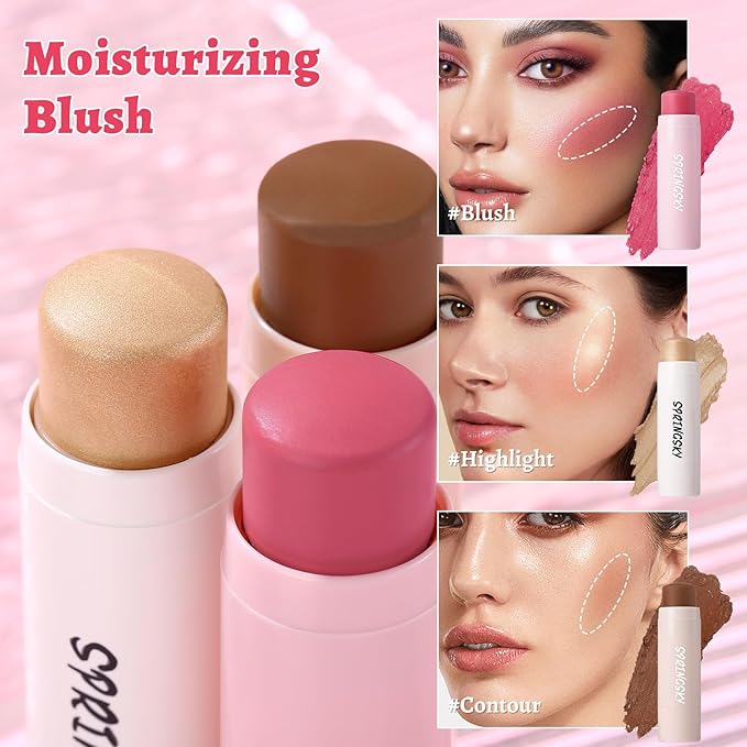 3Pcs Multi-Use Face Makeup Sticks Sets, Blendable Cream Blush Stick For Cheeks Lips, Highlighter Contour Shading Sticks Moisturizer Make Up Sets For Women (01)-Velvo Beauty