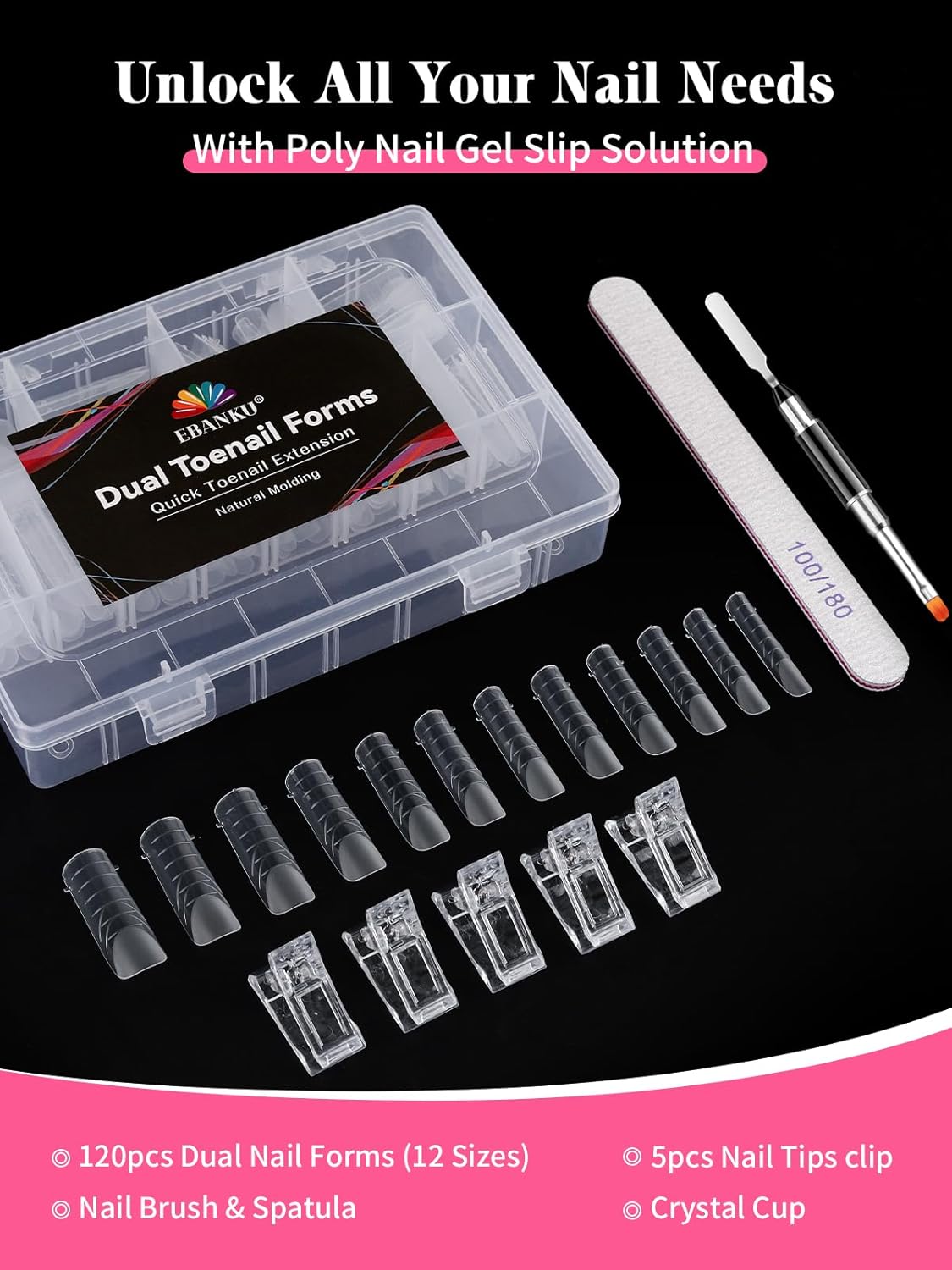 Poly Gel Toe Nail Form Set, EBANKU Reusable Toenails Dual Forms for Nail Extensions, Poly Gel Toe Nail Tips with Dual-Ended Brush and Nail File, 5PCS Clips - 12 Sizes 120PCS-Velvo Beauty