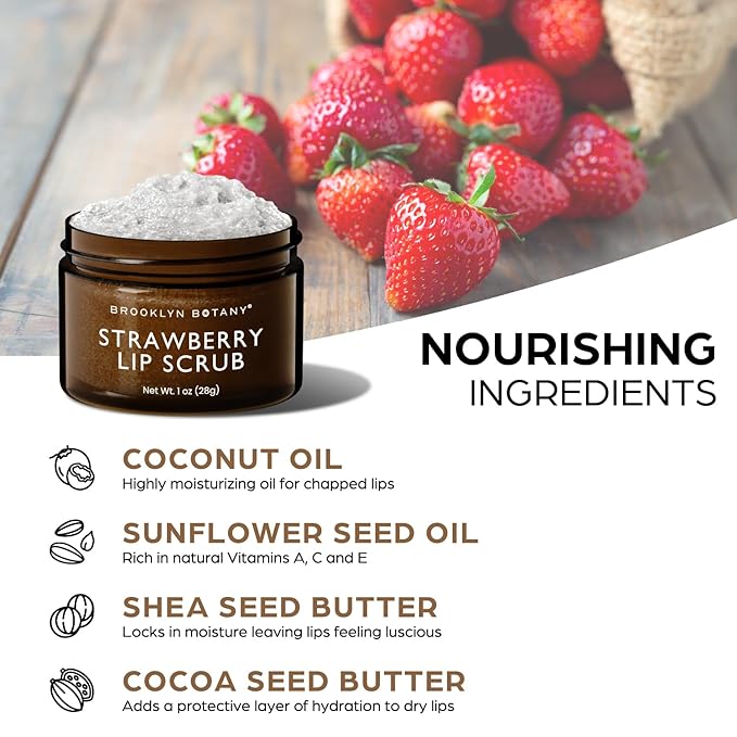 Brooklyn Botany Lip Scrub Exfoliator 1 oz – Lip Moisturizer for Dry Lips and Chapped Lips – Gentle Lip Exfoliator for Smooth and Brighter Lips – Strawberry Flavor-Velvo Beauty