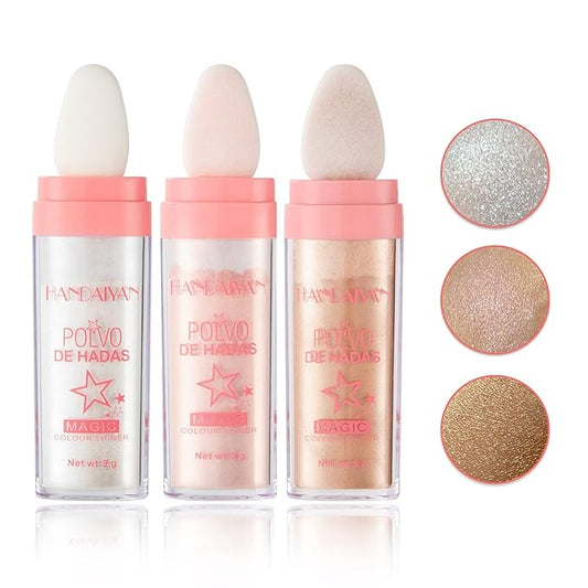 3PCS Polvo De Hadas Highlighter Glitter Stick Body Glitter Shimmer Face Brightening Highlighter Contour Powder Makeup Stick Face Fairy Glitter Highlighter Makeup-White,Pink,Golden brown-Velvo Beauty