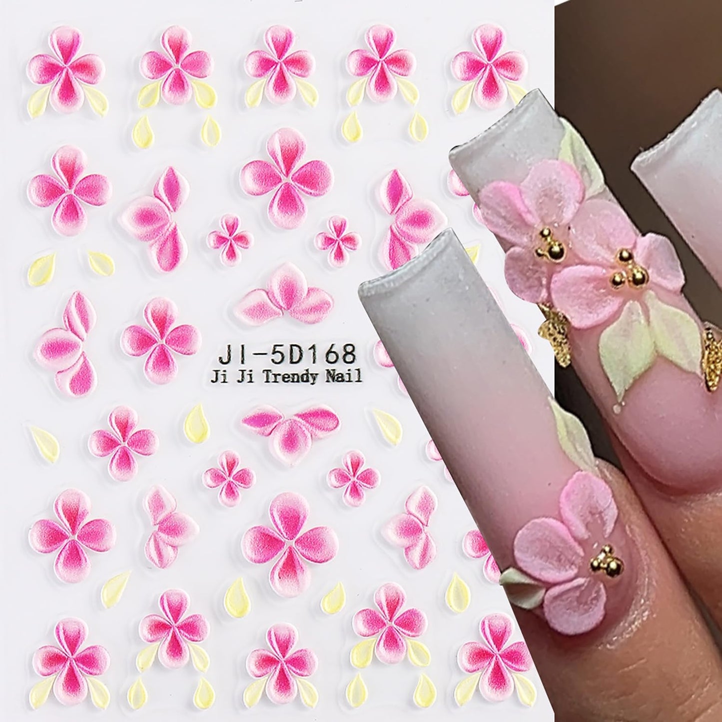 4 Sheets 5D Flower Nail Art Sticker Stereoscopic Floral Self-Adhesive Nails Stickers Blossom Nail Art Decals Holographic Flowers Decal for Women Pink Blue Red Manicure Stickers DIY Nails Supplies-Velvo Beauty