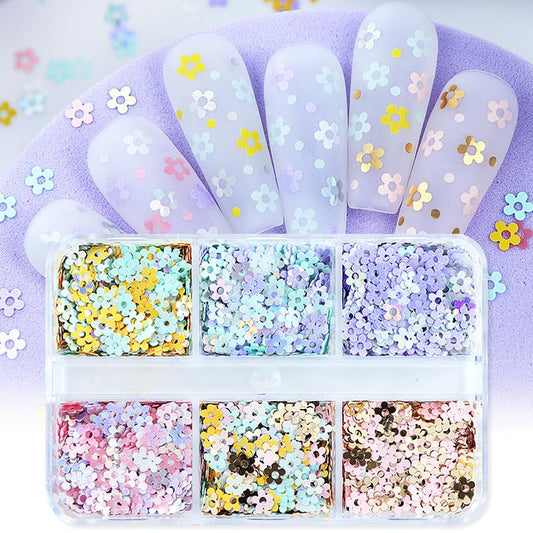 6 Grids Hollow Plum Flower Sequins for Nail，Mixed Colorful Floral Nail Flakes 3D Confetti Flowers Nail Glitter Shiny Flower Nail Flakes Acrylic Nails Supplies for Women Girls Manicure Decorations-Velvo Beauty