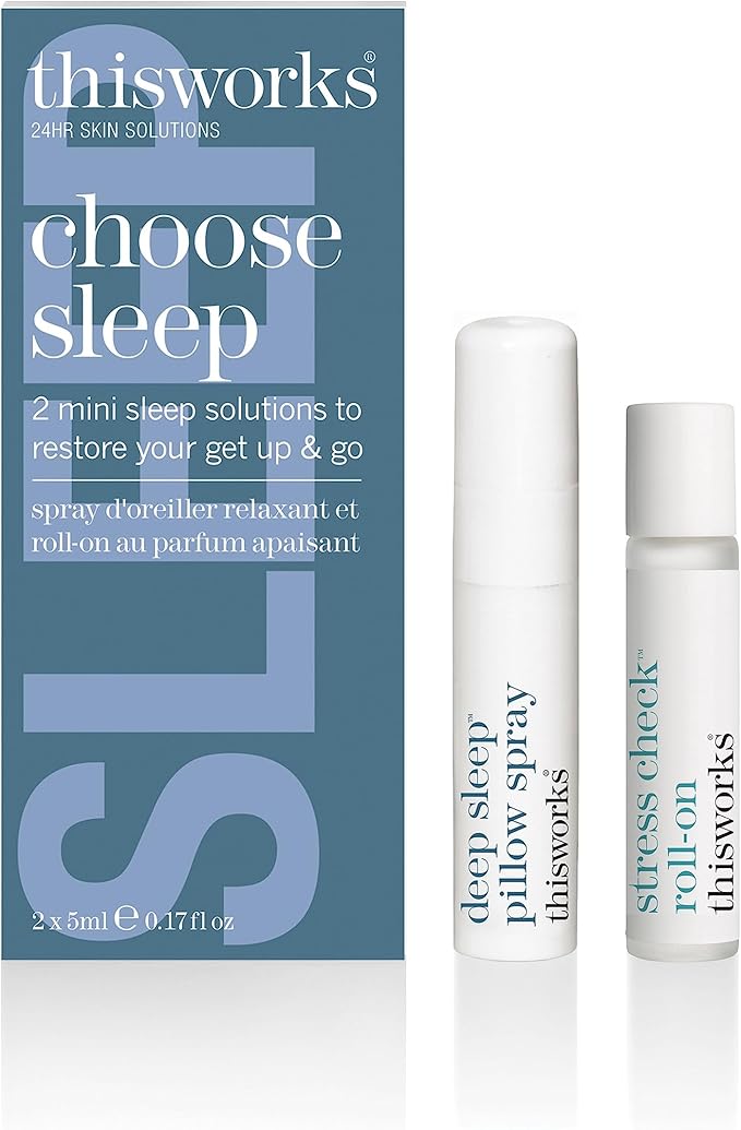 thisworks Choose Sleep Travel Kit, The Deep Sleep Pillow Mini Spray and Aromatherapeutic Roller Ball Infused with Eucalyptus, Frankincense & Lavender Essential Oils, 2x5ml-Velvo Beauty