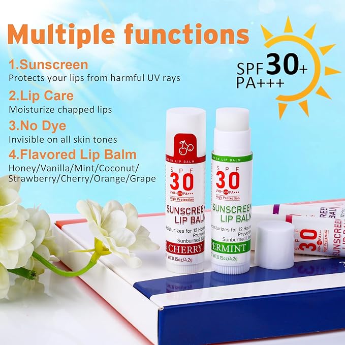 SPF 30 Lip Balm with Sunscreen, SPF Lip Balm Bulk Travel Size-32 Pack, Hydrating Lip Balm Pack with Vitamin E and Coconut Oil- 8 Flavors-Velvo Beauty