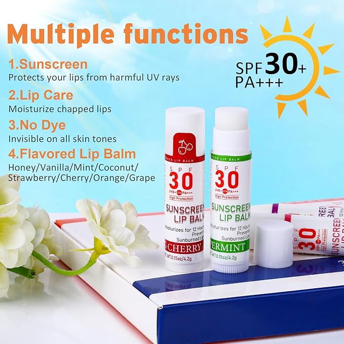 SPF 30 Lip Balm with Sunscreen, SPF Lip Balm Bulk Travel Size-64 Pack, Hydrating Lip Balm Pack with Vitamin E and Coconut Oil- 8 Flavors-Velvo Beauty