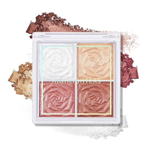 Boobeen Blush and Highlighter Palette- 4-color Metallic Shimmer Shadow Powder, Illuminator Makeup Set for Shading, Highlighting & Defining the Face-Velvo Beauty