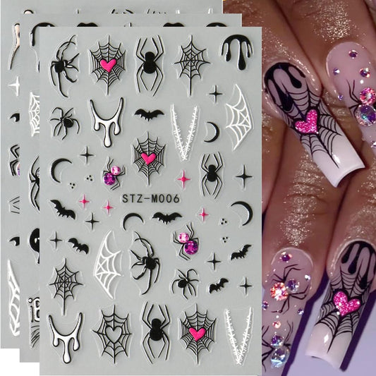 3 Sheet Halloween Nail Stickers Ghost Bat Spider Nail Decals 3D Self-Adhesive Spider Web Spooky Bat Spider Nail Art Stickers Design Gothic Nail Art Supplies for Holiday Acrylic DIY Nail Decoration-Velvo Beauty