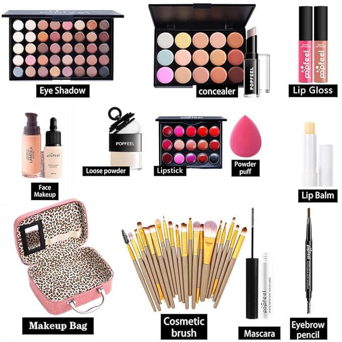 All in one makeup kit for women full kit makeup set for girls teens Eyeshadow Palette, Lip Gloss, Lipstick, Foundation, Mascara, Eyebrow Pencil, Eyeliner, Contour Stick, Powder Puff, Makeup Brushes,-Velvo Beauty