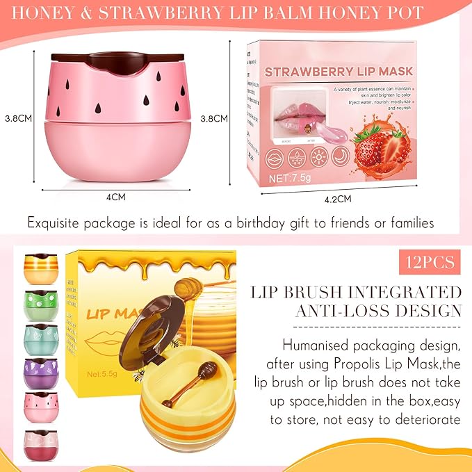 12 Pcs Bee Lip Balm Honey Pot with Brush Propolis Lip Mask Overnight, Moisturizing Hydrating Lip Sleeping Mask Prevention Dry and Cracked(Honey+Peach+Grape+Strawberry+Apple Lime+Mint)-Velvo Beauty