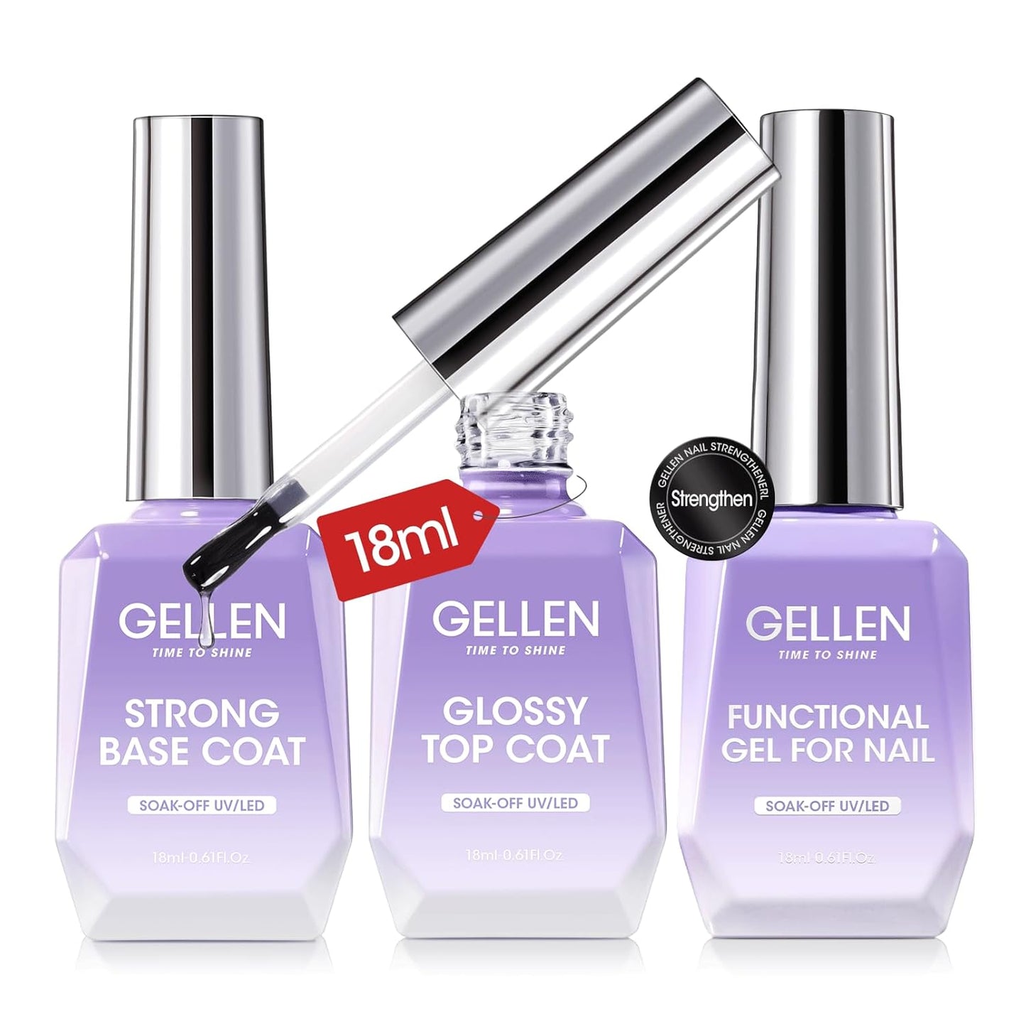 GELLEN Gel Top Coat Base Coat with Nail Strengthener, 3 Pcs 18 ml No Wipe Glossy Top Coat Set for Gel Nail Polish, Soak Off Base Coat Hardener Care for Thin Weak Nails Salon Manicure-Velvo Beauty