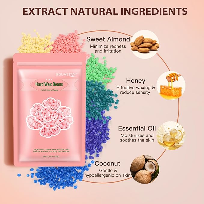 Wax Beads for Hair Removal, 2.2lb/1000g Hard Waxing Beans for Full Body, Brazilian, Bikini, Face, Eyebrows, Home Wax Refill for Women & Men, Pack of 10 with Pre & Post Oil-Velvo Beauty