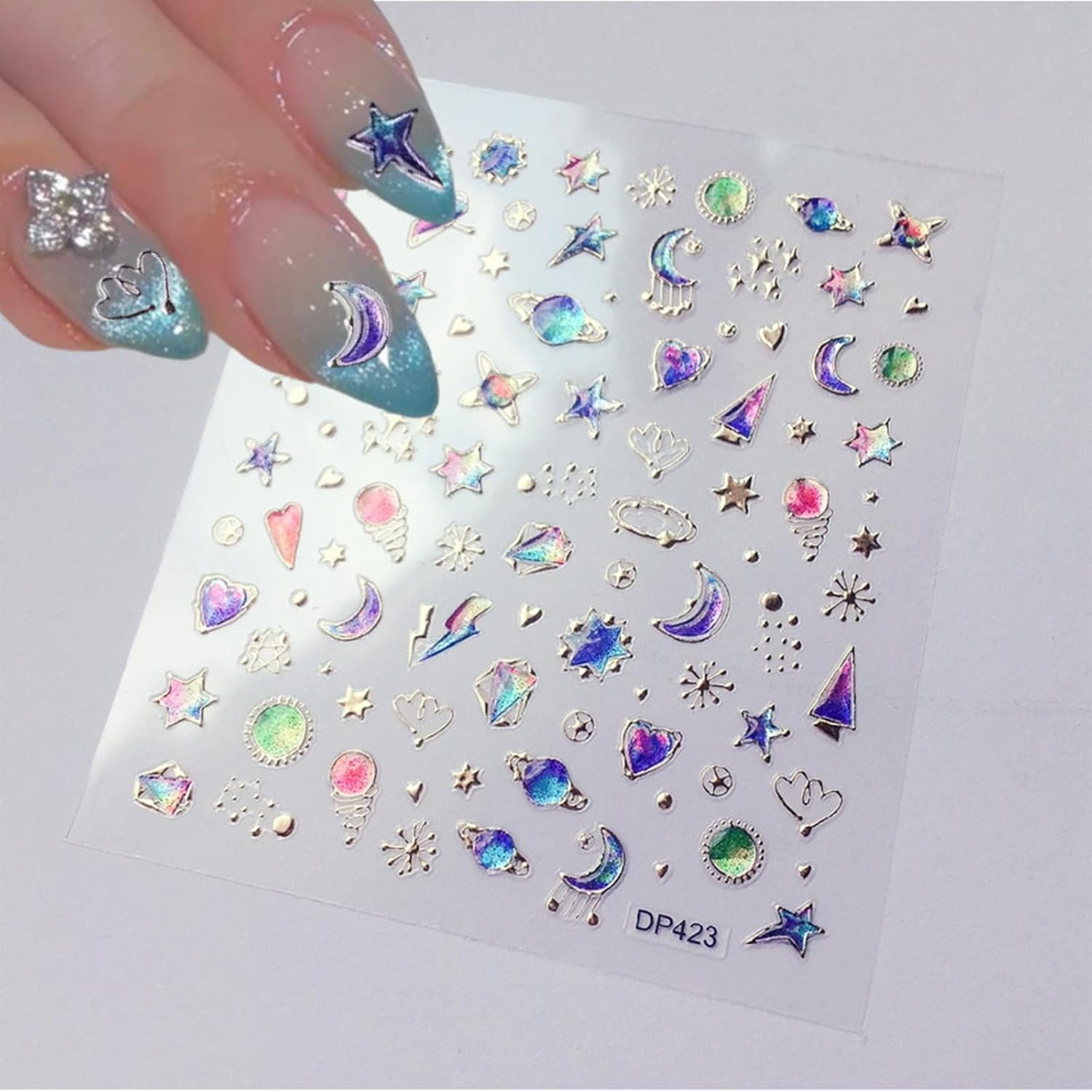 4 Sheets Star Sun Moon Nail Art Stickers 3D Holographic Self Adhesive Glitter Colorful Floral Nail Stickers Sparkly Heart Gems Design Nail Supplies for Women and Girls DIY Manicure Decoration-Velvo Beauty