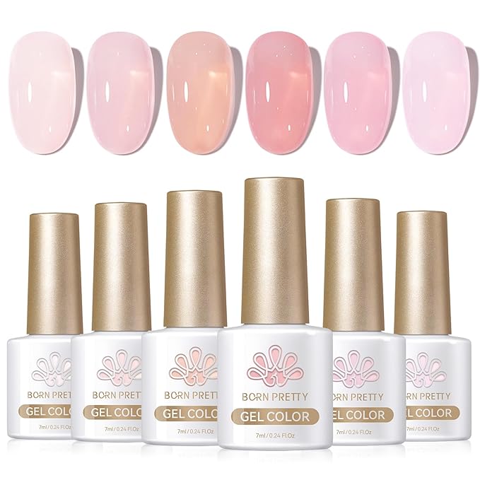 Born Pretty Jelly Pink Gel Nail Polish Nude Pink Sheer Translucent Gel Polish Milky Natural Gel Polish Set Nail Art Manicure DIY Kit Home Salon 6PCS-Velvo Beauty