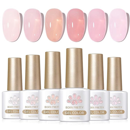 Born Pretty Jelly Pink Gel Nail Polish Nude Pink Sheer Translucent Gel Polish Milky Natural Gel Polish Set Nail Art Manicure DIY Kit Home Salon 6PCS-Velvo Beauty