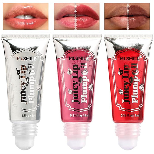 3Pcs Lip Plumper Gloss Set, Roll On Plumping Lip Oil Hydrating Glossy Lipstick Lip Care Serum Enhancer Nourishing Non-sticky High-Shine Lip Glass Mirror Glaze for Fuller Lips Mask Makeup-A-Velvo Beauty