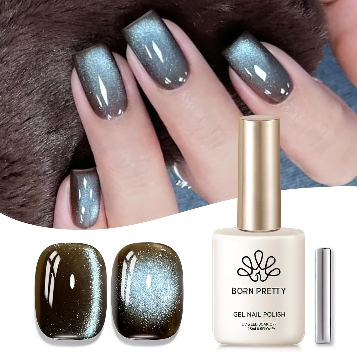 BORN PRETTY Cat Magnetic Eye Gel Nail Polish, Mint Chocolate Blue Glitter Cat Magnetic Gel Nail Polish Magnetic Nail Polish for Nail Art Manicure Salon DIY at Home 15ML-Velvo Beauty