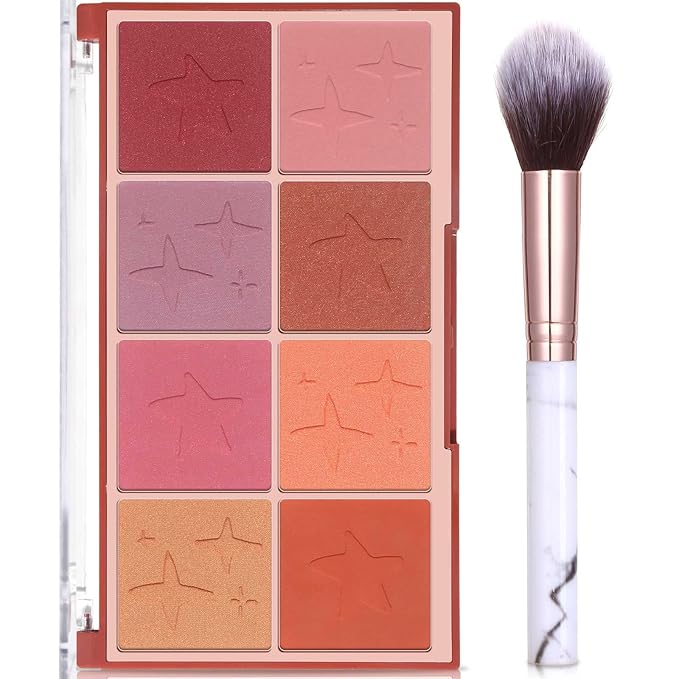 8 Colors Face Matte Blush Palette Shading Blusher with Brush - Buildable Facial Cheek Blusher Contour Bronzing Pressed Powder Makeup Pallet Women Gift Set (02 Shimmer Matte)-Velvo Beauty