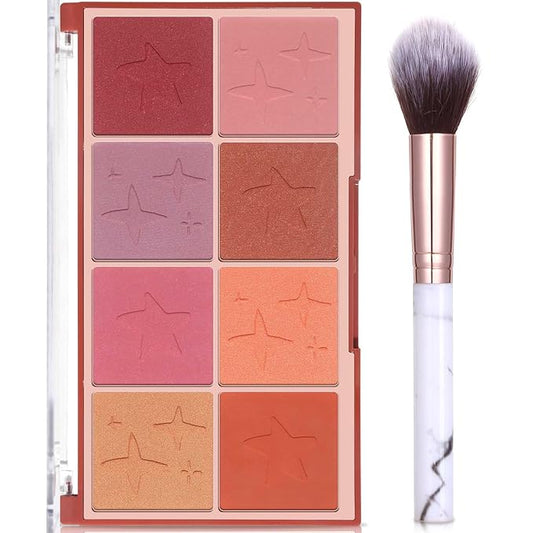 8 Colors Face Matte Blush Palette Shading Blusher with Brush - Buildable Facial Cheek Blusher Contour Bronzing Pressed Powder Makeup Pallet Women Gift Set (02 Shimmer Matte)-Velvo Beauty