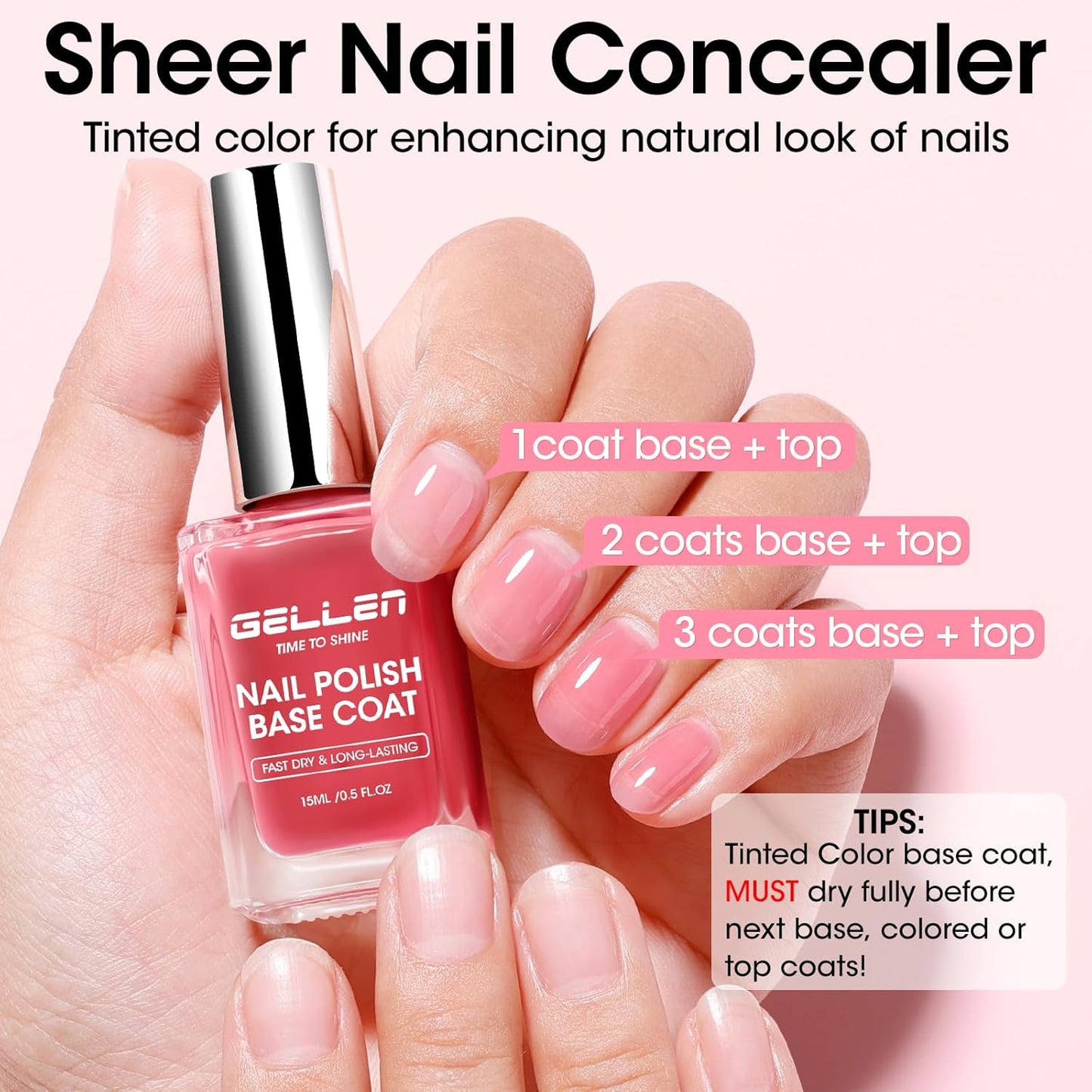 Gellen 4‑in‑1 Clear Nail Polish Base Coat Sheer Tinted Red, Ridge Filler, Nail Strengthener & Concealer, Calcium Formula Strengthens Nails, Natural Color Enhances Natural Look, No HEMA, Anti-yellowing-Velvo Beauty