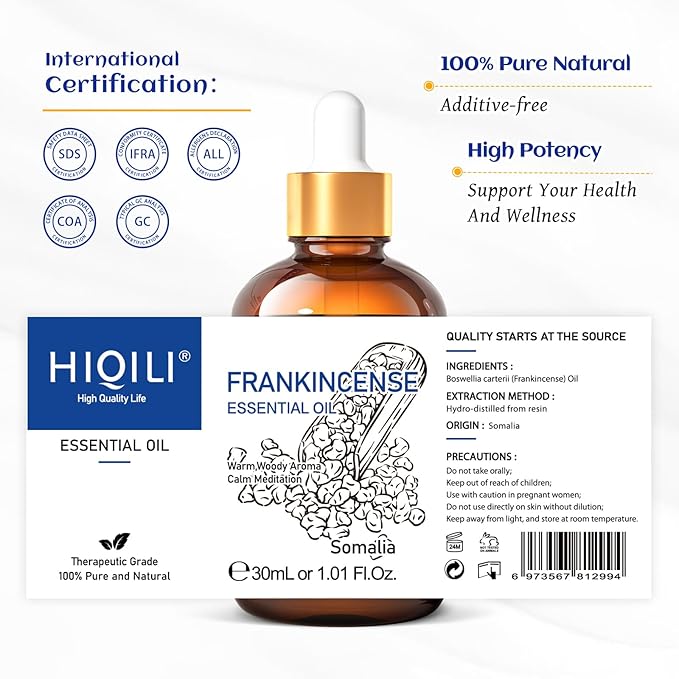 HIQILI 30ML Frankincense Essential Oil, Relaxing, Skin Care, Camp Atmosphere Creation, Can be Added to Body Lotions, Creams, Aromatherapy Use - 1 Fl Oz-Velvo Beauty