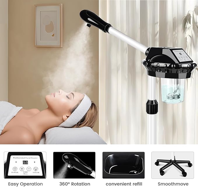 Professional Facial Steamer, Stand on Wheels Face Steamer, SPA Ozone Nano Steamer for Facials-Velvo Beauty