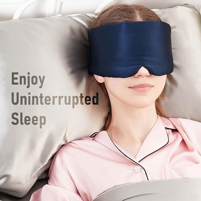 Nature Silk Sleeping Mask Soft Featherweight Eye Mask Large Wrap-Around Blindfold with Adjustable Velcro Blackout for Wild Sleeper Nose Cut (NavyBlue)-Velvo Beauty