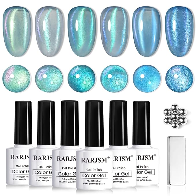 RARJSM Blue Cat Eye Gel Nail Polish Set 6pcs Reflective Diamond Glitter Clear Light Gray Sea Blue Green Tone Glass Cateye Gelpolish with Magnet Stick 7.5ml Curing Requires Soak Off for Home Salon-Velvo Beauty