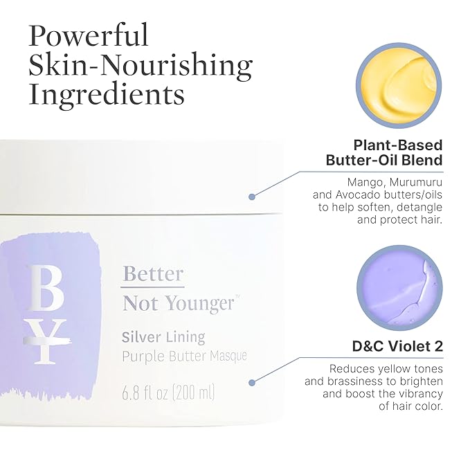 Better Not Younger Silver Lining Purple Hair Mask for Women 40+ – Deep Conditioning Treatment for Gray, Silver & Blonde Hair - Butter Mask with Plant-Based Oils – Hydrates & Neutralizes Brassiness-Velvo Beauty