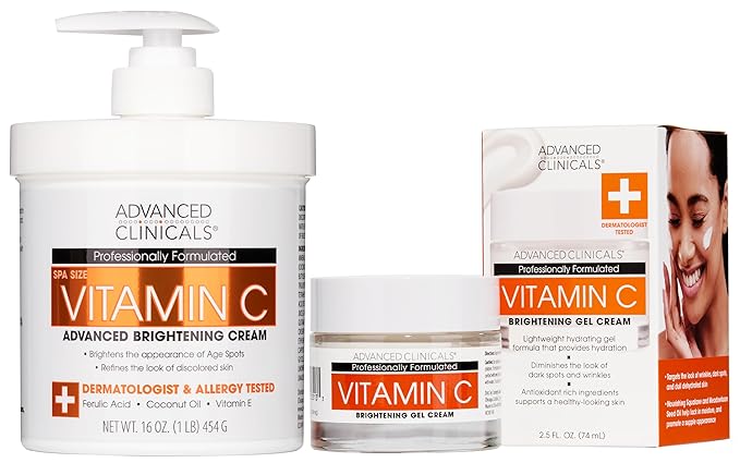 Advanced Clinicals Brightening Vitamin C Body Cream + Potent Vitamin C Face Moisturizer Gel Cream 2pc Skincare Set For Women & Men To Diminish Appearance Of Dark Spots, Wrinkles, & Dry Skin, 2pc Set-Velvo Beauty