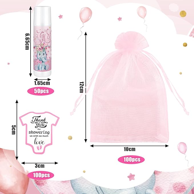 Demissle 50 Pcs Baby Shower Lip Balm Gift Set with 100 Pcs Organza Bags Baby Shower Party Favor for Guest Thank You Tag Rope Baby Shower Party Decoration Gender Reveal Souvenirs(Elephant)-Velvo Beauty